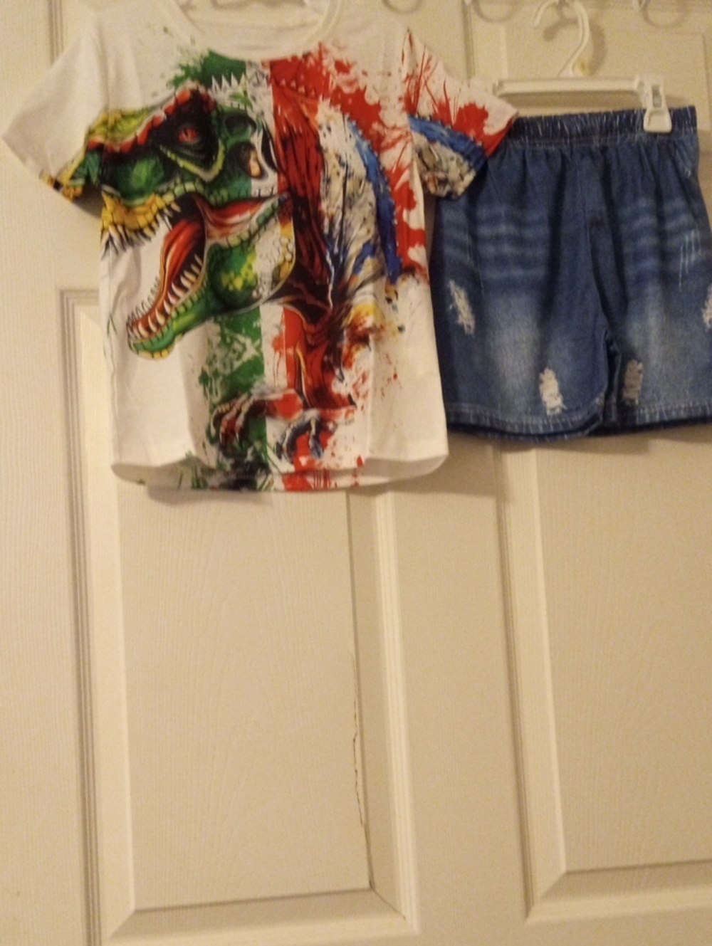Graphic Dinosaur Tee in White    Multicolor Print Shirt With Faux Denim Shorts